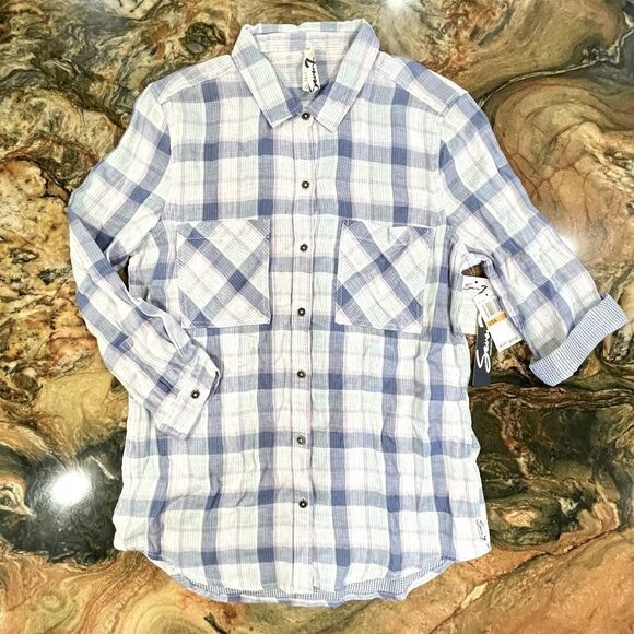 Seven 7 blouse blue lavender small roll up sleeve - Picture 1 of 12